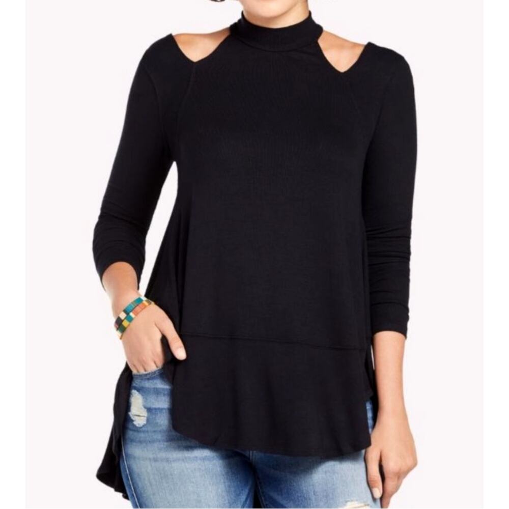 Free People DOWNTOWN GIRL Cut Out Shoulder High Neck Tunic Top Sweater Black M